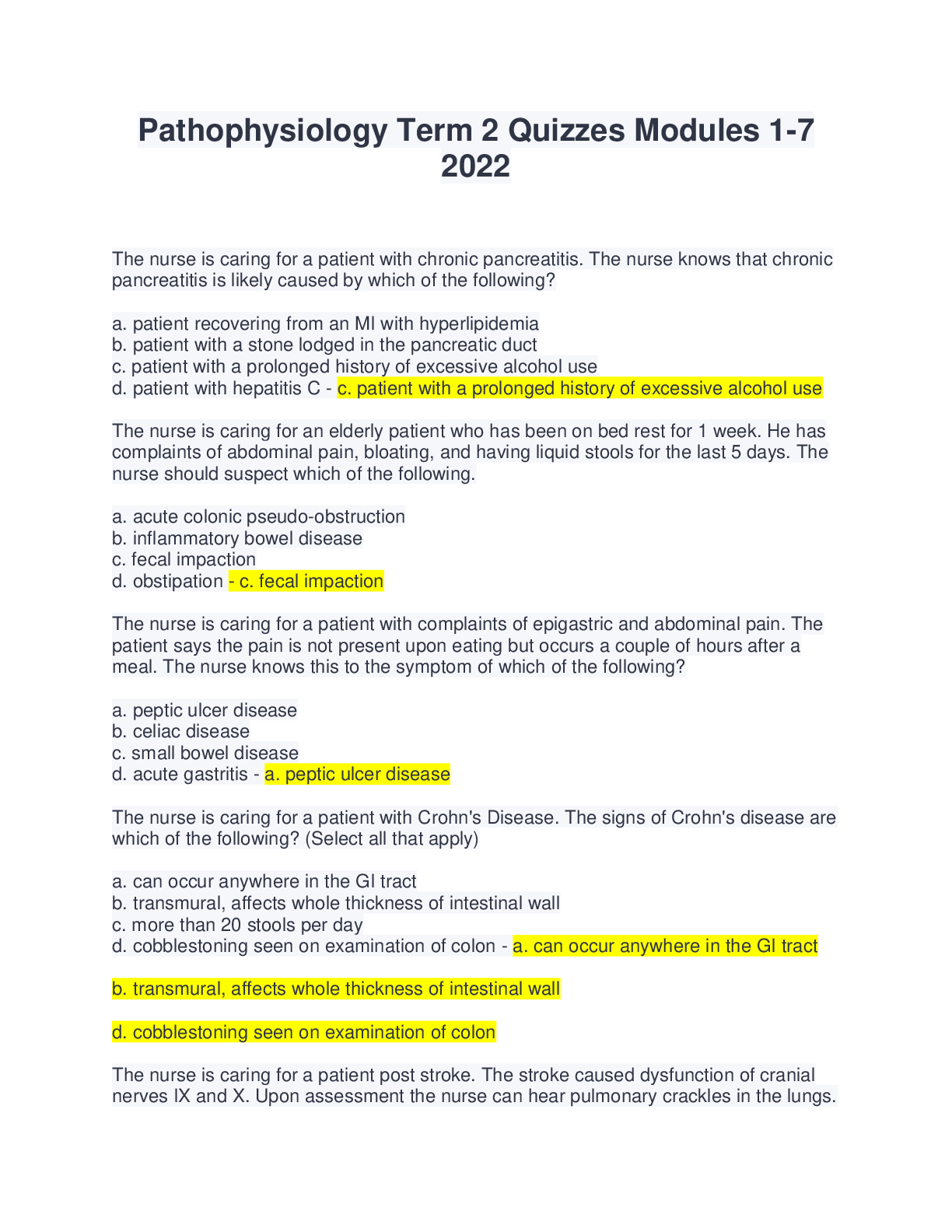 Preview image for Pathophysiology Term 2 Quizzes Modules 1-7 2022